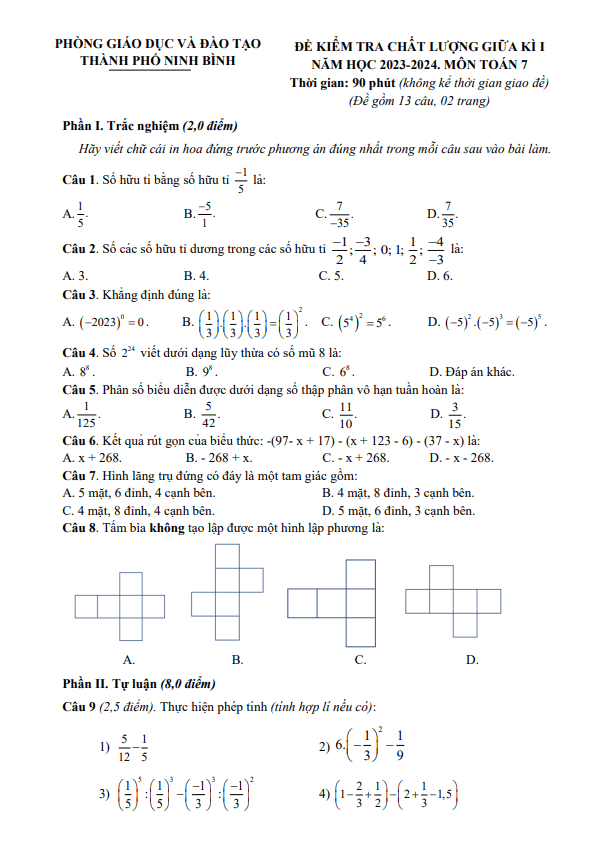 Đề thi giữa học kì 1 (HK1) lớp 7 môn Toán năm 2023 2024 phòng GD ĐT thành phố Ninh Bình