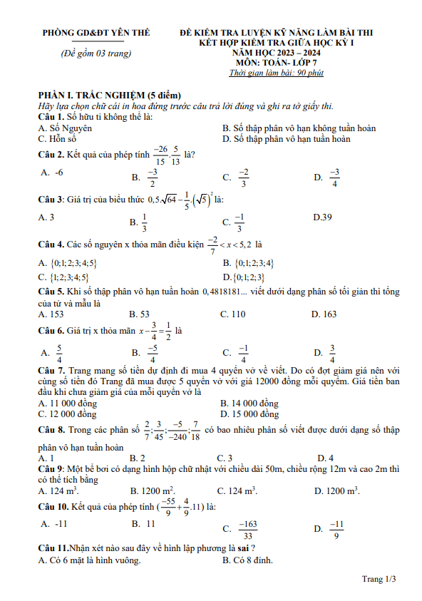 Đề thi giữa học kì 1 (HK1) lớp 7 môn Toán năm 2023 2024 phòng GD ĐT Yên Thế Bắc Giang