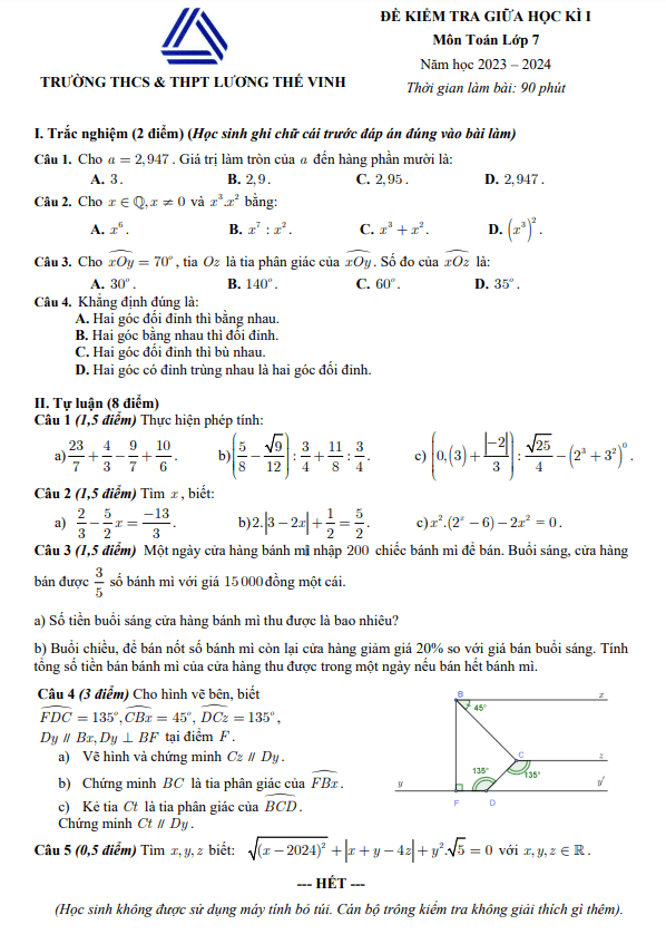 Đề thi giữa học kì 1 (HK1) lớp 7 môn Toán năm 2023 2024 trường Lương Thế Vinh Hà Nội