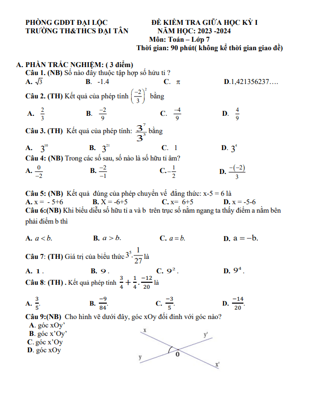 Đề thi giữa học kì 1 (HK1) lớp 7 môn Toán năm 2023 2024 trường TH THCS Đại Tân Quảng Nam