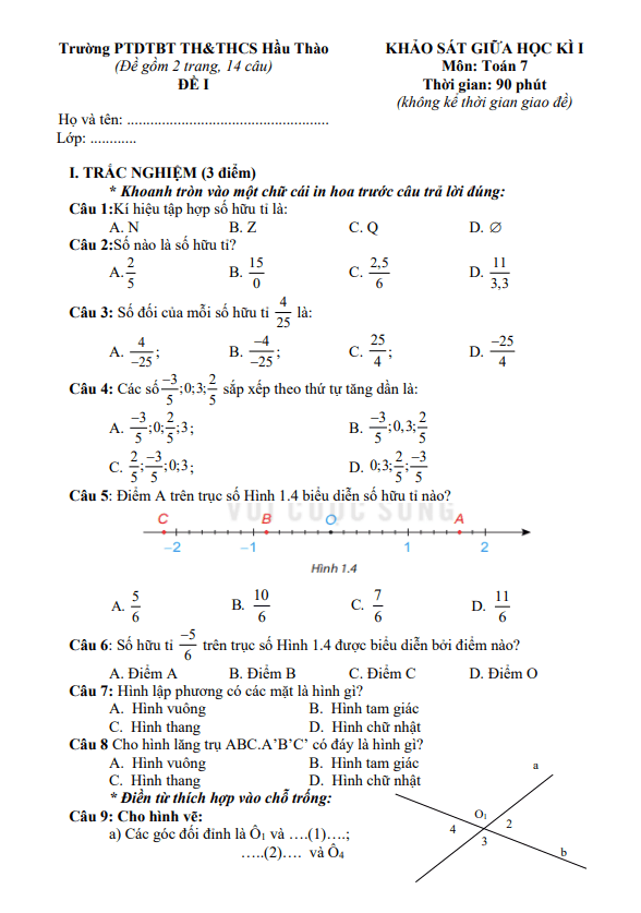 Đề thi giữa học kì 1 (HK1) lớp 7 môn Toán năm 2023 2024 trường TH THCS Hầu Thào Lào Cai