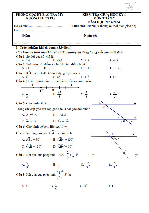 Đề thi giữa học kì 1 (HK1) lớp 7 môn Toán năm 2023 2024 trường THCS 19.8 Quảng Nam