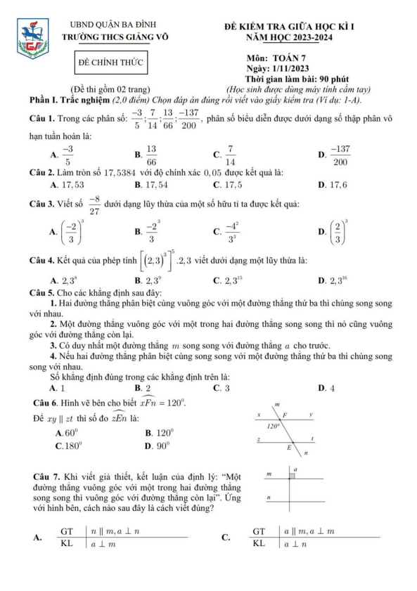 Đề thi giữa học kì 1 (HK1) lớp 7 môn Toán năm 2023 2024 trường THCS Giảng Võ Hà Nội
