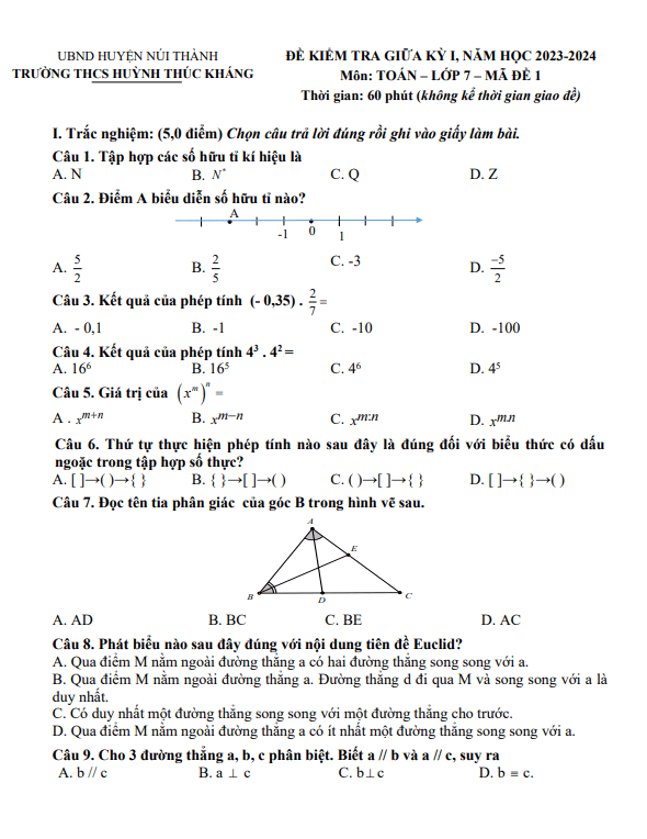 Đề thi giữa học kì 1 (HK1) lớp 7 môn Toán năm 2023 2024 trường THCS Huỳnh Thúc Kháng Quảng Nam