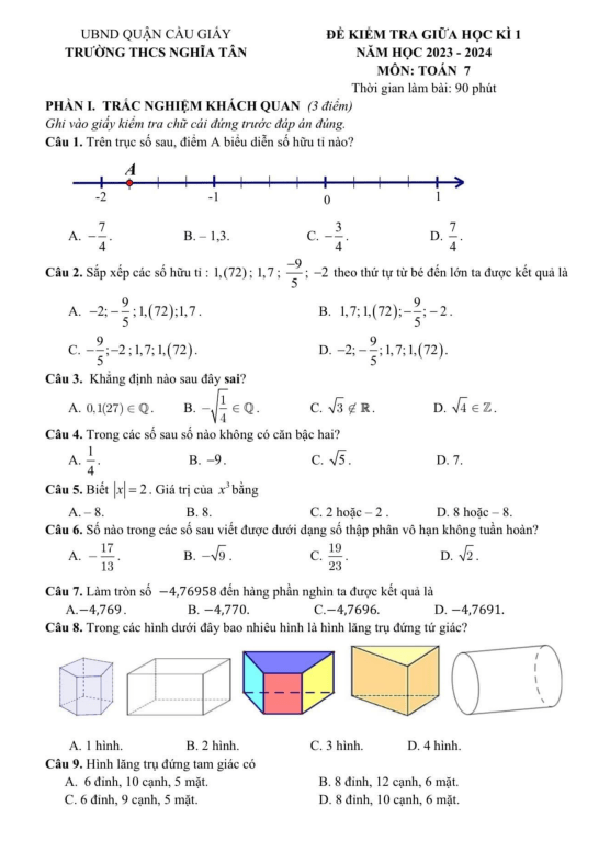 Đề thi giữa học kì 1 (HK1) lớp 7 môn Toán năm 2023 2024 trường THCS Nghĩa Tân Hà Nội