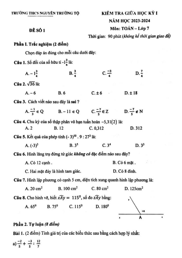 Đề thi giữa học kì 1 (HK1) lớp 7 môn Toán năm 2023 2024 trường THCS Nguyễn Trường Tộ Hà Nội
