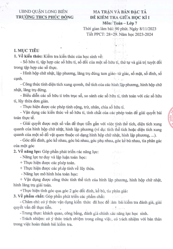 Đề thi giữa học kì 1 (HK1) lớp 7 môn Toán năm 2023 2024 trường THCS Phúc Đồng Hà Nội