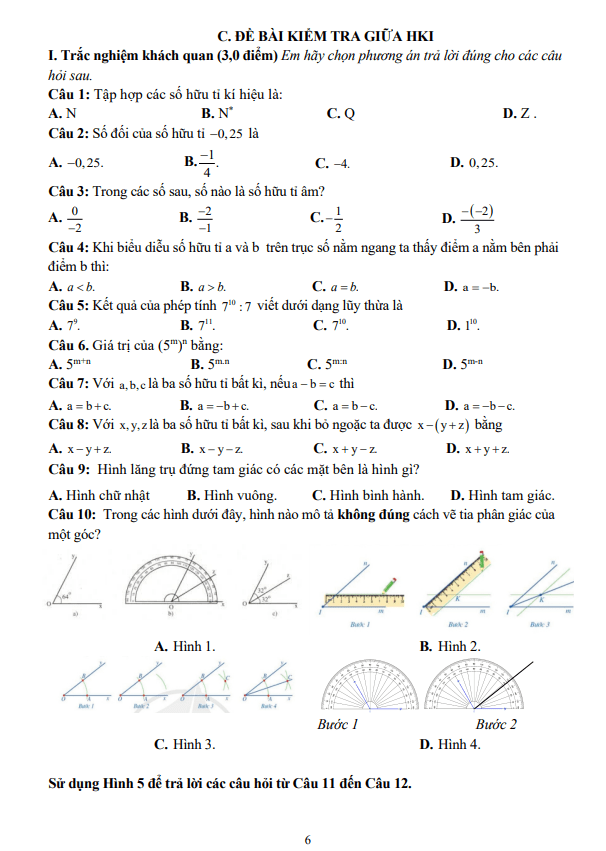 Đề thi giữa học kì 1 (HK1) lớp 7 môn Toán năm 2023 2024 trường THCS Tân Thắng Hải Phòng