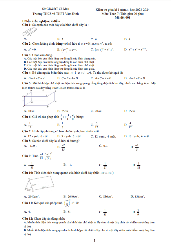 Đề thi giữa học kì 1 (HK1) lớp 7 môn Toán năm 2023 2024 trường THCS THPT Vàm Đình Cà Mau