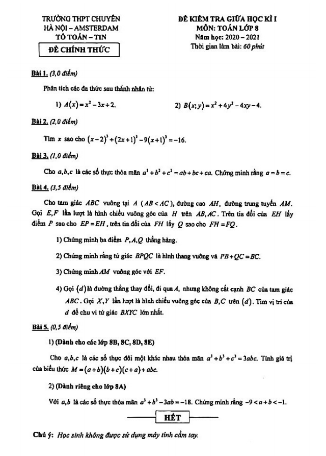 Đề thi giữa học kì 1 (HK1) lớp 8 môn Toán năm 2020 2021 trường chuyên Hà Nội Amsterdam