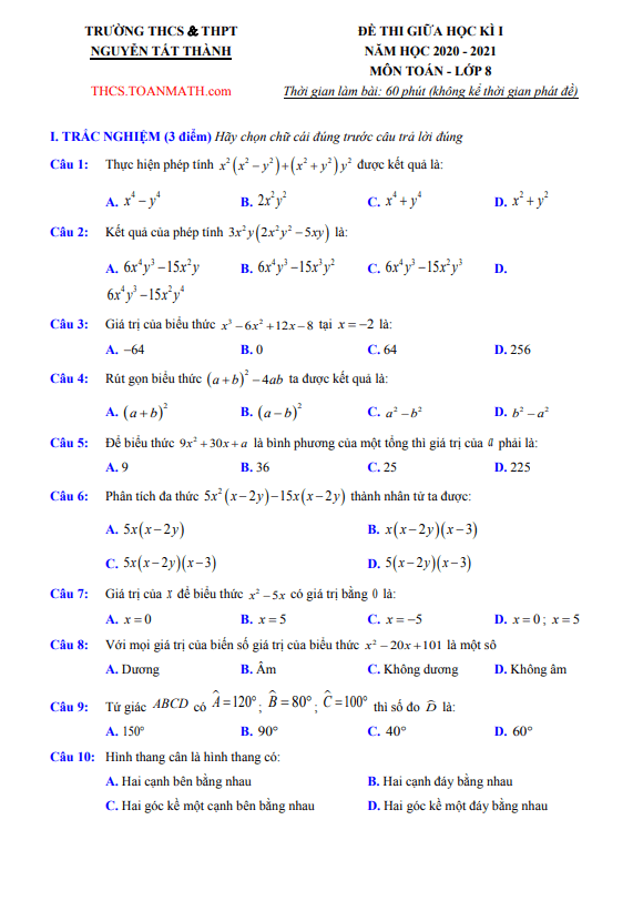 Đề thi giữa học kì 1 (HK1) lớp 8 môn Toán năm 2020 2021 trường Nguyễn Tất Thành Hà Nội