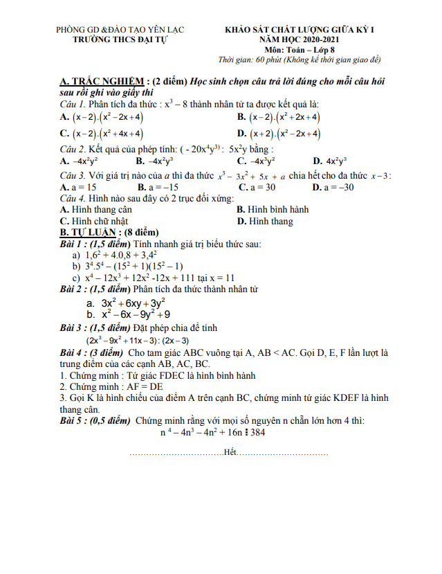 Đề thi giữa học kì 1 (HK1) lớp 8 môn Toán năm 2020 2021 trường THCS Đại Tự Vĩnh Phúc