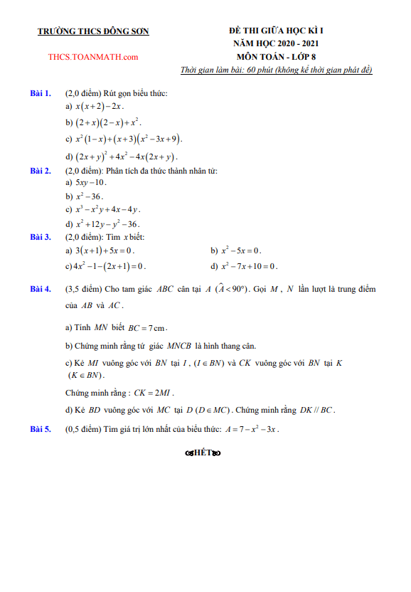 Đề thi giữa học kì 1 (HK1) lớp 8 môn Toán năm 2020 2021 trường THCS Đông Sơn Hà Nội