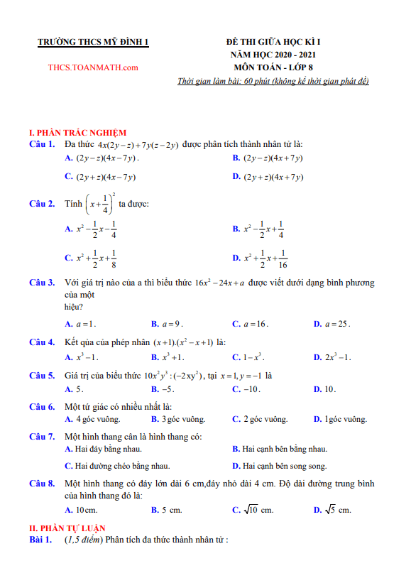 Đề thi giữa học kì 1 (HK1) lớp 8 môn Toán năm 2020 2021 trường THCS Mỹ Đình 1 Hà Nội