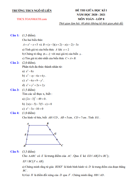 Đề thi giữa học kì 1 (HK1) lớp 8 môn Toán năm 2020 2021 trường THCS Ngô Sĩ Liên Hà Nội