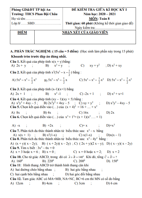 Đề thi giữa học kì 1 (HK1) lớp 8 môn Toán năm 2020 2021 trường THCS Phan Bội Châu Quảng Nam