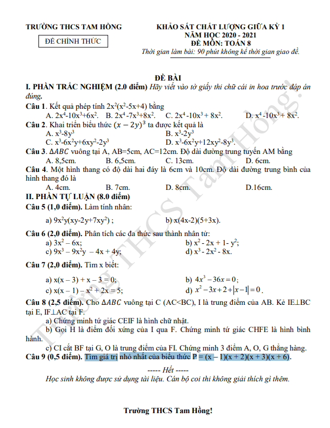 Đề thi giữa học kì 1 (HK1) lớp 8 môn Toán năm 2020 2021 trường THCS Tam Hồng Vĩnh Phúc