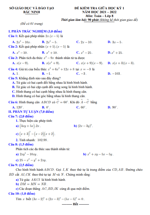 Đề thi giữa học kì 1 (HK1) lớp 8 môn Toán năm 2021 2022 sở GD ĐT Bắc Ninh