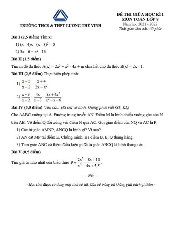 Đề thi giữa học kì 1 (HK1) lớp 8 môn Toán năm 2021 2022 trường Lương Thế Vinh Hà Nội