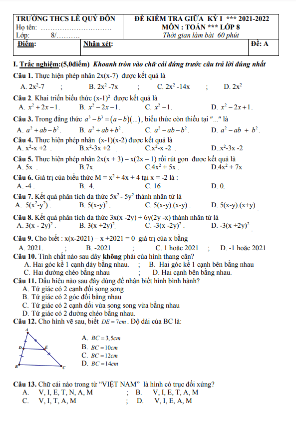 Đề thi giữa học kì 1 (HK1) lớp 8 môn Toán năm 2021 2022 trường THCS Lê Quý Đôn Quảng Nam