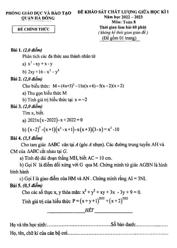 Đề thi giữa học kì 1 (HK1) lớp 8 môn Toán năm 2022 2023 phòng GD ĐT Hà Đông Hà Nội