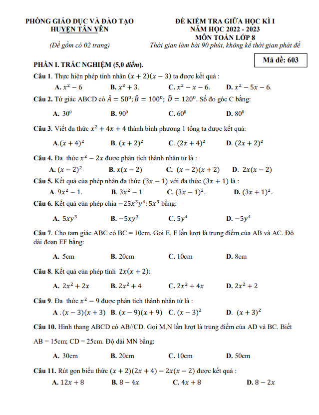 Đề thi giữa học kì 1 (HK1) lớp 8 môn Toán năm 2022 2023 phòng GD ĐT Tân Yên Bắc Giang