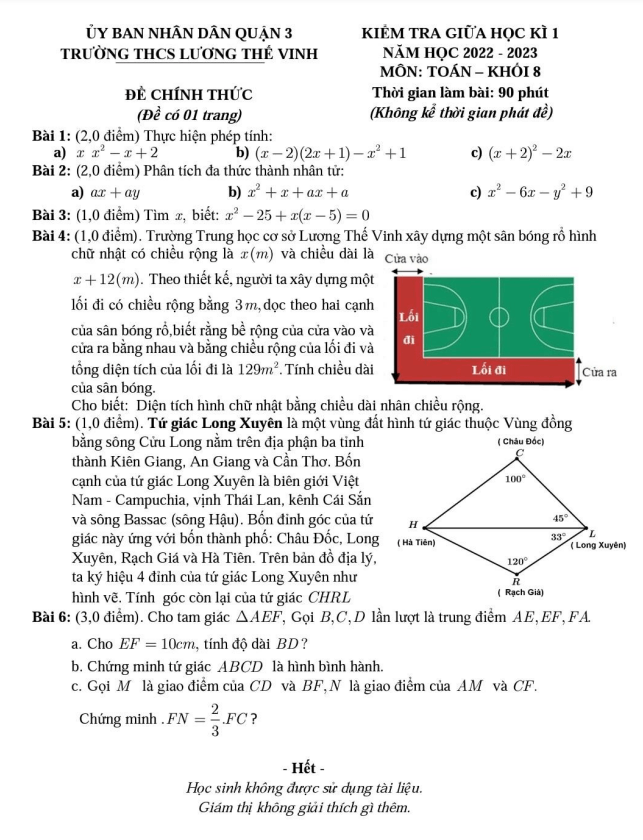 Đề thi giữa học kì 1 (HK1) lớp 8 môn Toán năm 2022 2023 THCS Lương Thế Vinh TP HCM