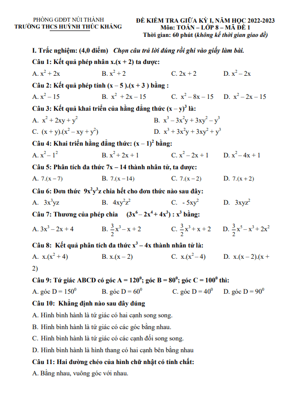 Đề thi giữa học kì 1 (HK1) lớp 8 môn Toán năm 2022 2023 trường THCS Huỳnh Thúc Kháng Quảng Nam