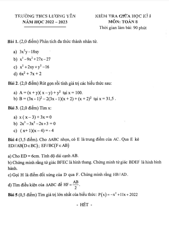 Đề thi giữa học kì 1 (HK1) lớp 8 môn Toán năm 2022 2023 trường THCS Lương Yên Hà Nội