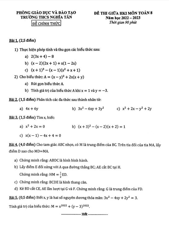 Đề thi giữa học kì 1 (HK1) lớp 8 môn Toán năm 2022 2023 trường THCS Nghĩa Tân Hà Nội