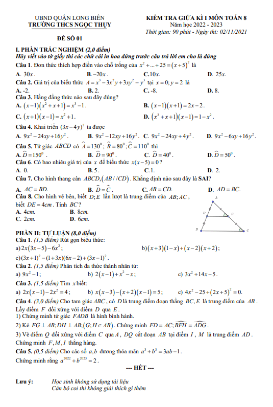 Đề thi giữa học kì 1 (HK1) lớp 8 môn Toán năm 2022 2023 trường THCS Ngọc Thụy Hà Nội