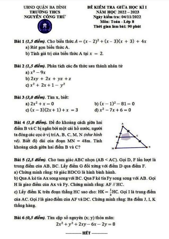 Đề thi giữa học kì 1 (HK1) lớp 8 môn Toán năm 2022 2023 trường THCS Nguyễn Công Trứ Hà Nội