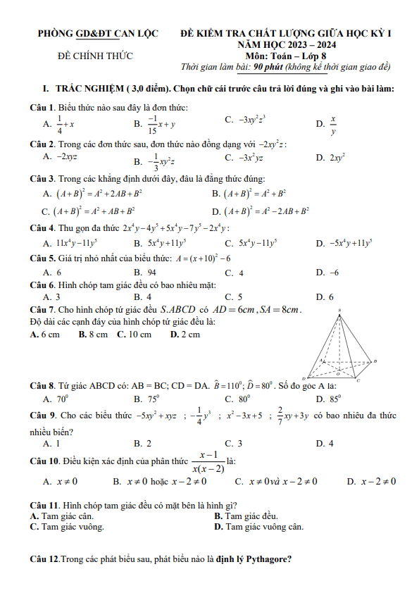 Đề thi giữa học kì 1 (HK1) lớp 8 môn Toán năm 2023 2024 phòng GD ĐT Can Lộc Hà Tĩnh