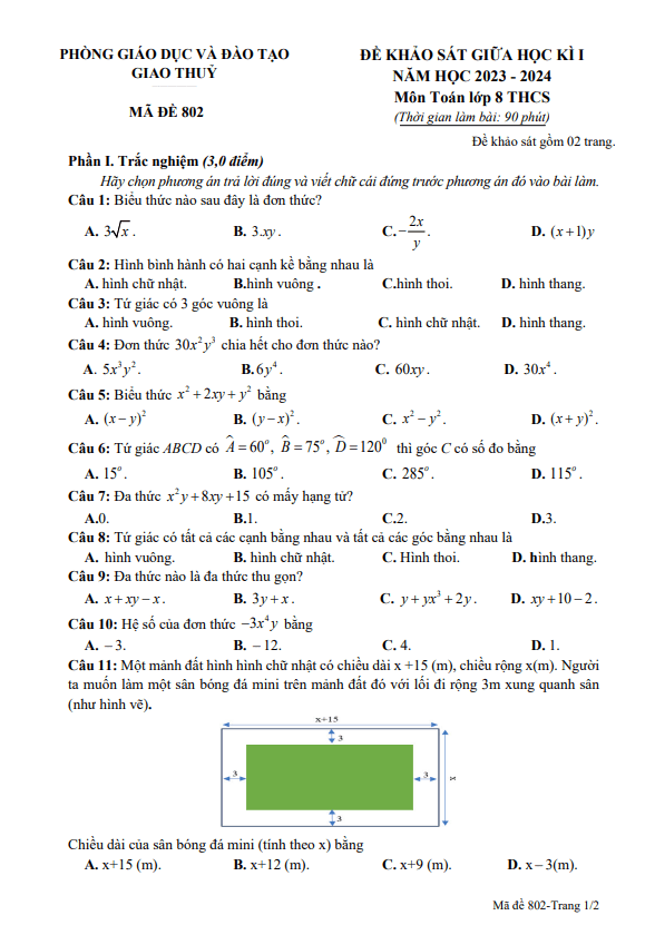 Đề thi giữa học kì 1 (HK1) lớp 8 môn Toán năm 2023 2024 phòng GD ĐT Giao Thuỷ Nam Định
