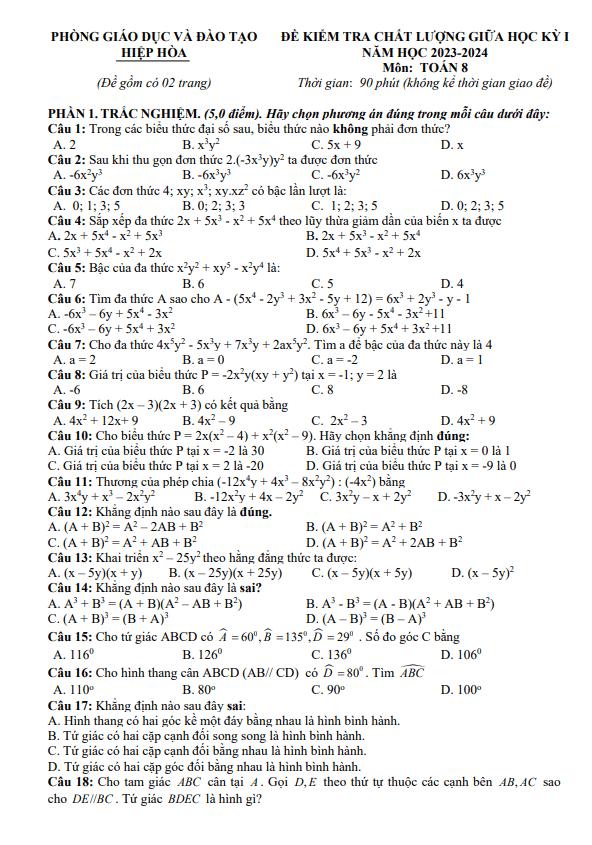 Đề thi giữa học kì 1 (HK1) lớp 8 môn Toán năm 2023 2024 phòng GD ĐT Hiệp Hòa Bắc Giang