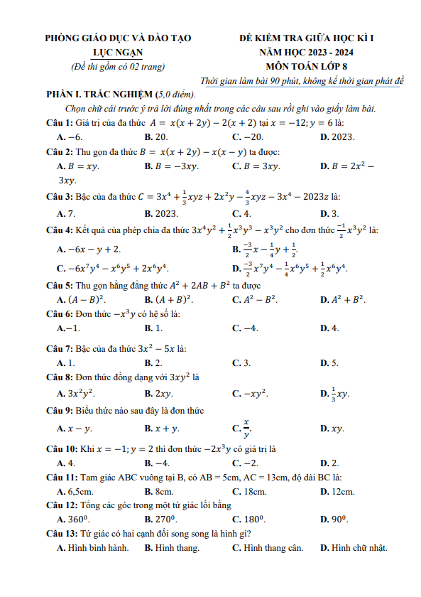 Đề thi giữa học kì 1 (HK1) lớp 8 môn Toán năm 2023 2024 phòng GD ĐT Lục Ngạn Bắc Giang