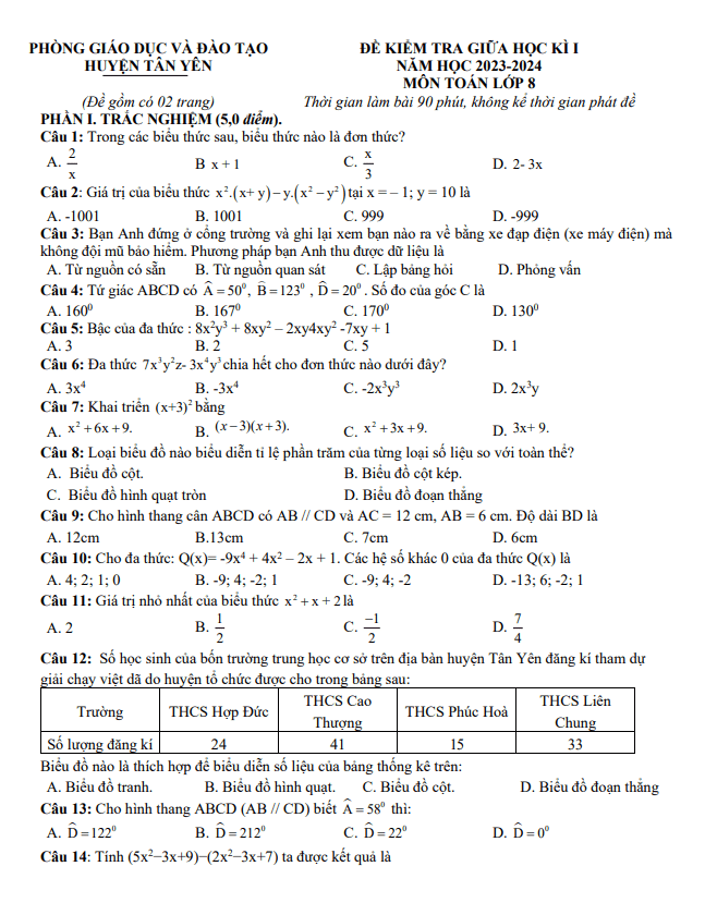 Đề thi giữa học kì 1 (HK1) lớp 8 môn Toán năm 2023 2024 phòng GD ĐT Tân Yên Bắc Giang