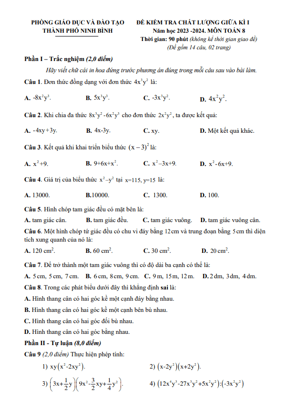 Đề thi giữa học kì 1 (HK1) lớp 8 môn Toán năm 2023 2024 phòng GD ĐT thành phố Ninh Bình