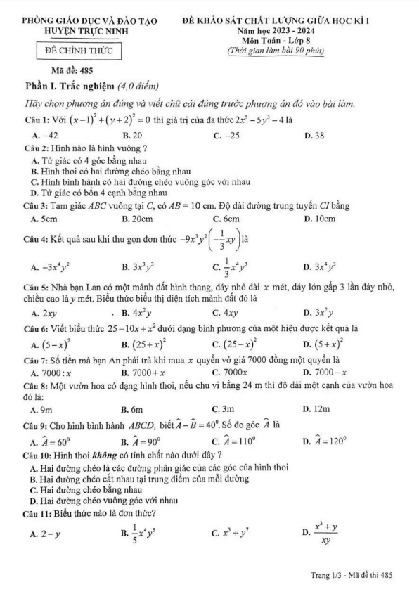 Đề thi giữa học kì 1 (HK1) lớp 8 môn Toán năm 2023 2024 phòng GD ĐT Trực Ninh Nam Định