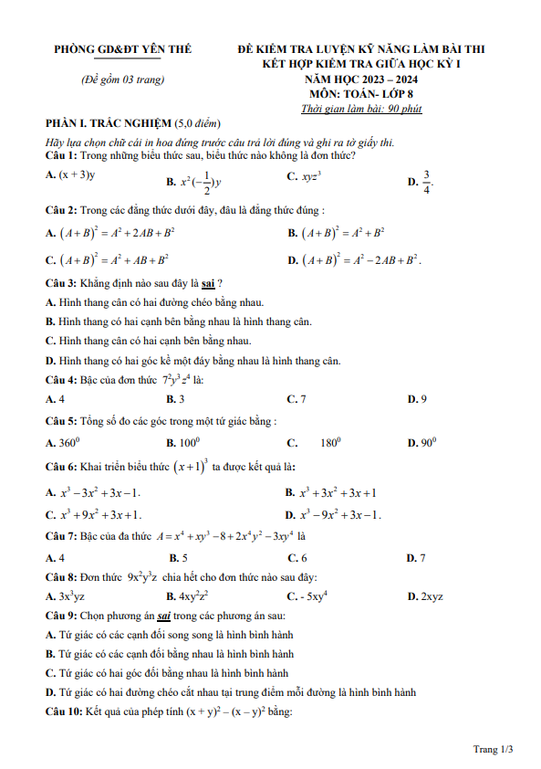 Đề thi giữa học kì 1 (HK1) lớp 8 môn Toán năm 2023 2024 phòng GD ĐT Yên Thế Bắc Giang