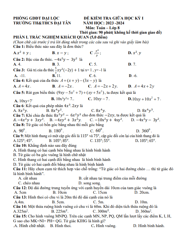 Đề thi giữa học kì 1 (HK1) lớp 8 môn Toán năm 2023 2024 trường TH THCS Đại Tân Quảng Nam