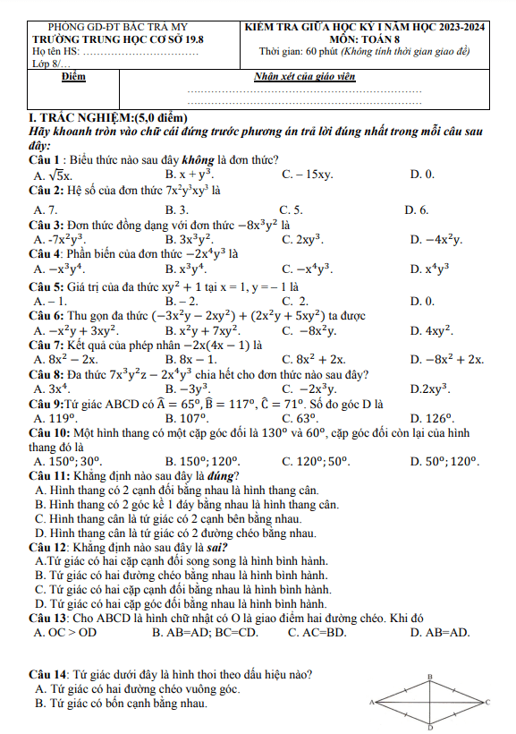 Đề thi giữa học kì 1 (HK1) lớp 8 môn Toán năm 2023 2024 trường THCS 19.8 Quảng Nam