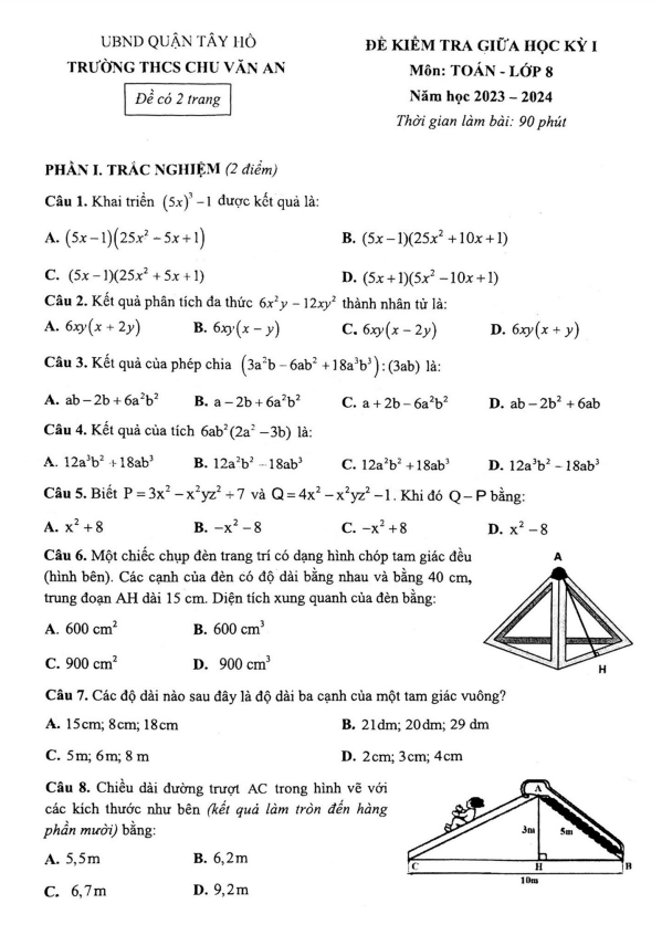 Đề thi giữa học kì 1 (HK1) lớp 8 môn Toán năm 2023 2024 trường THCS Chu Văn An Hà Nội
