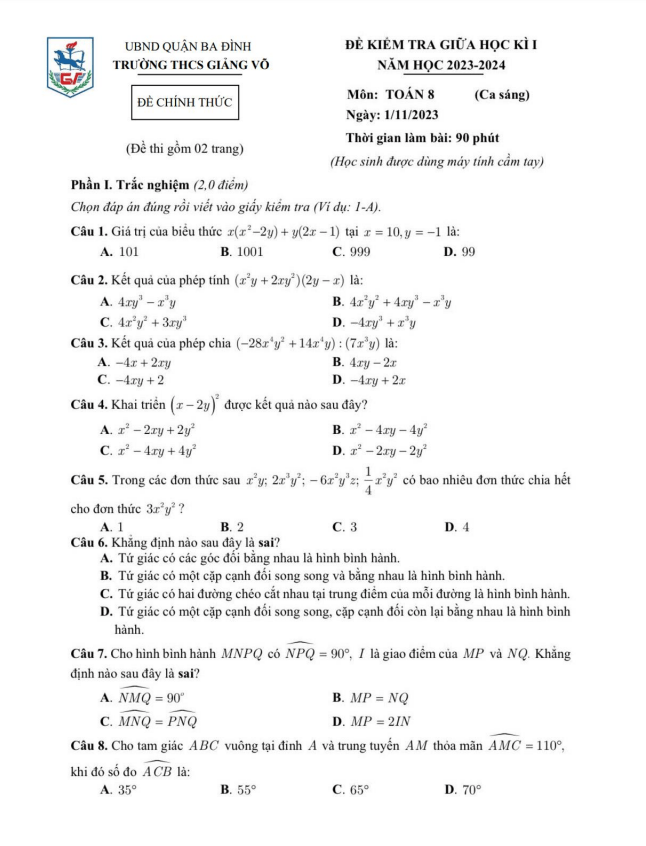 Đề thi giữa học kì 1 (HK1) lớp 8 môn Toán năm 2023 2024 trường THCS Giảng Võ Hà Nội