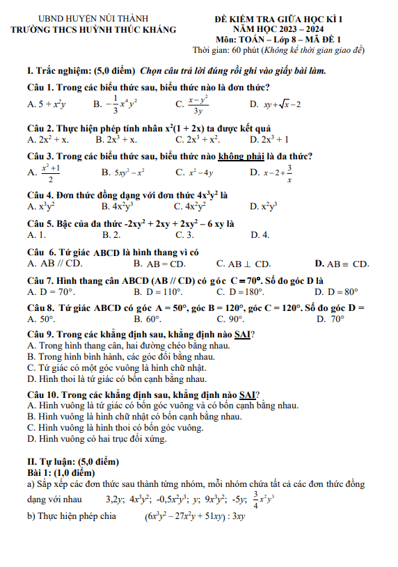 Đề thi giữa học kì 1 (HK1) lớp 8 môn Toán năm 2023 2024 trường THCS Huỳnh Thúc Kháng Quảng Nam