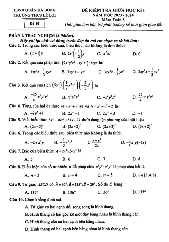 Đề thi giữa học kì 1 (HK1) lớp 8 môn Toán năm 2023 2024 trường THCS Lê Lợi Hà Nội