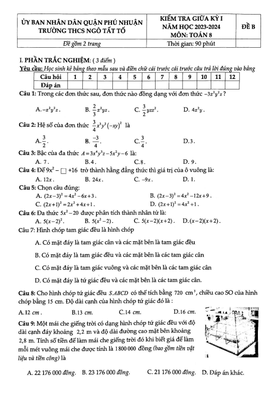 Đề thi giữa học kì 1 (HK1) lớp 8 môn Toán năm 2023 2024 trường THCS Ngô Tất Tố TP HCM