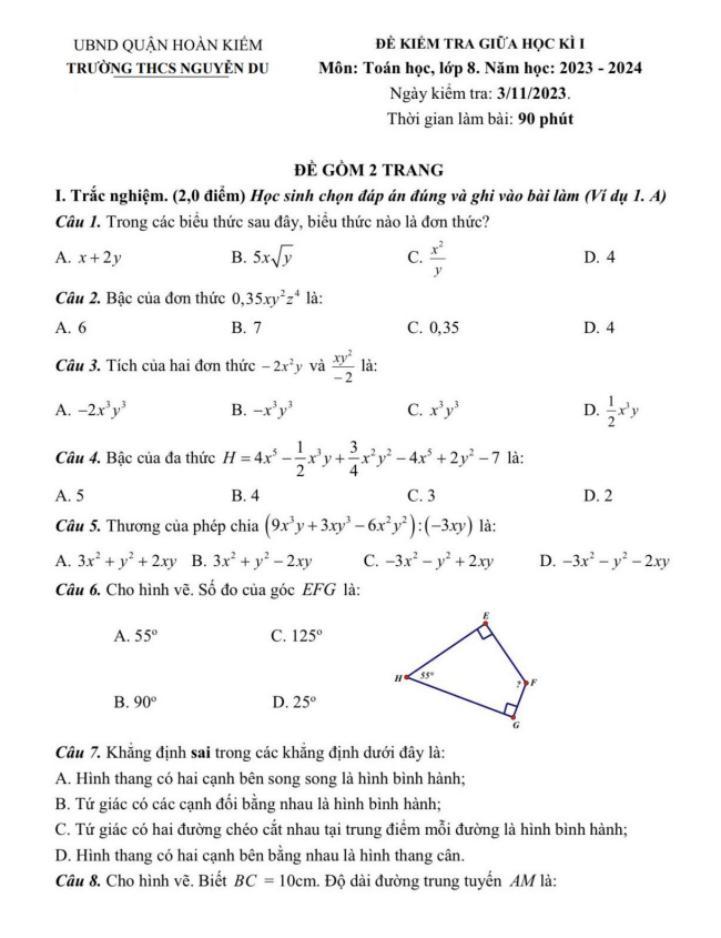 Đề thi giữa học kì 1 (HK1) lớp 8 môn Toán năm 2023 2024 trường THCS Nguyễn Du Hà Nội