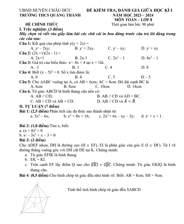 Đề thi giữa học kì 1 (HK1) lớp 8 môn Toán năm 2023 2024 trường THCS Quảng Thành BR VT