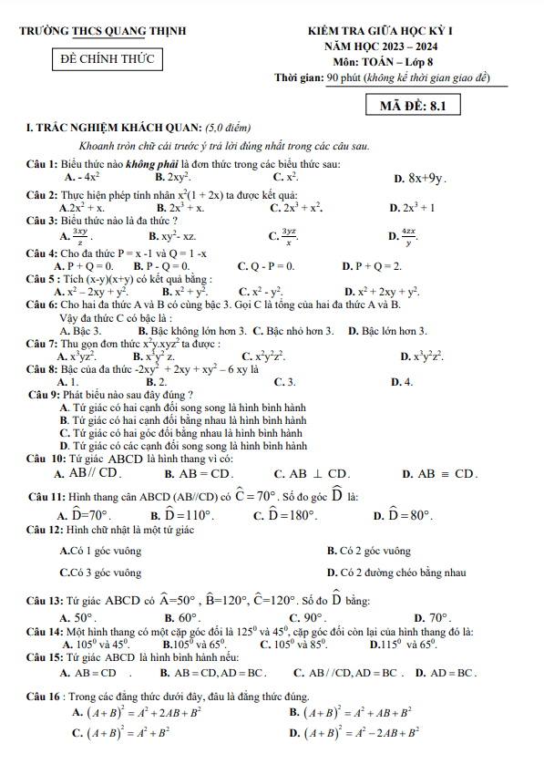 Đề thi giữa học kì 1 (HK1) lớp 8 môn Toán năm 2023 2024 trường THCS Quang Thịnh Bắc Giang